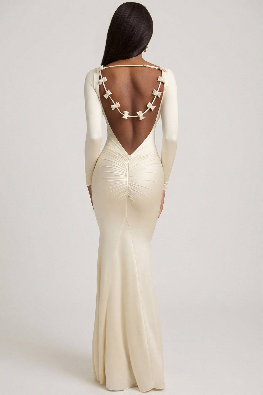 Chic Bow-Detail Ruched Maxi Dress in Ivory