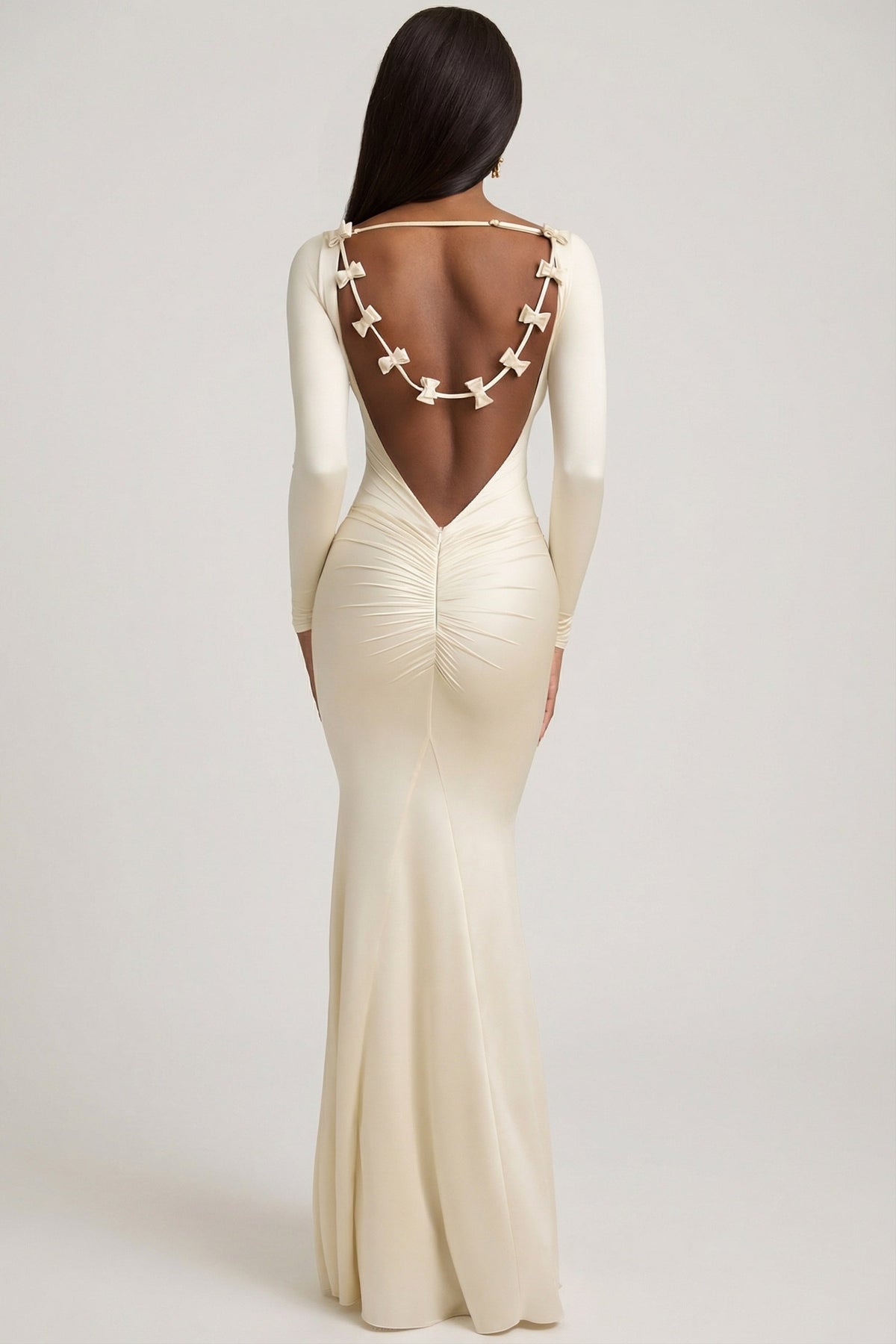 Chic Bow-Detail Ruched Maxi Dress in Ivory