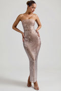 Chic Embellished Bandeau Maxi Dress in Almond