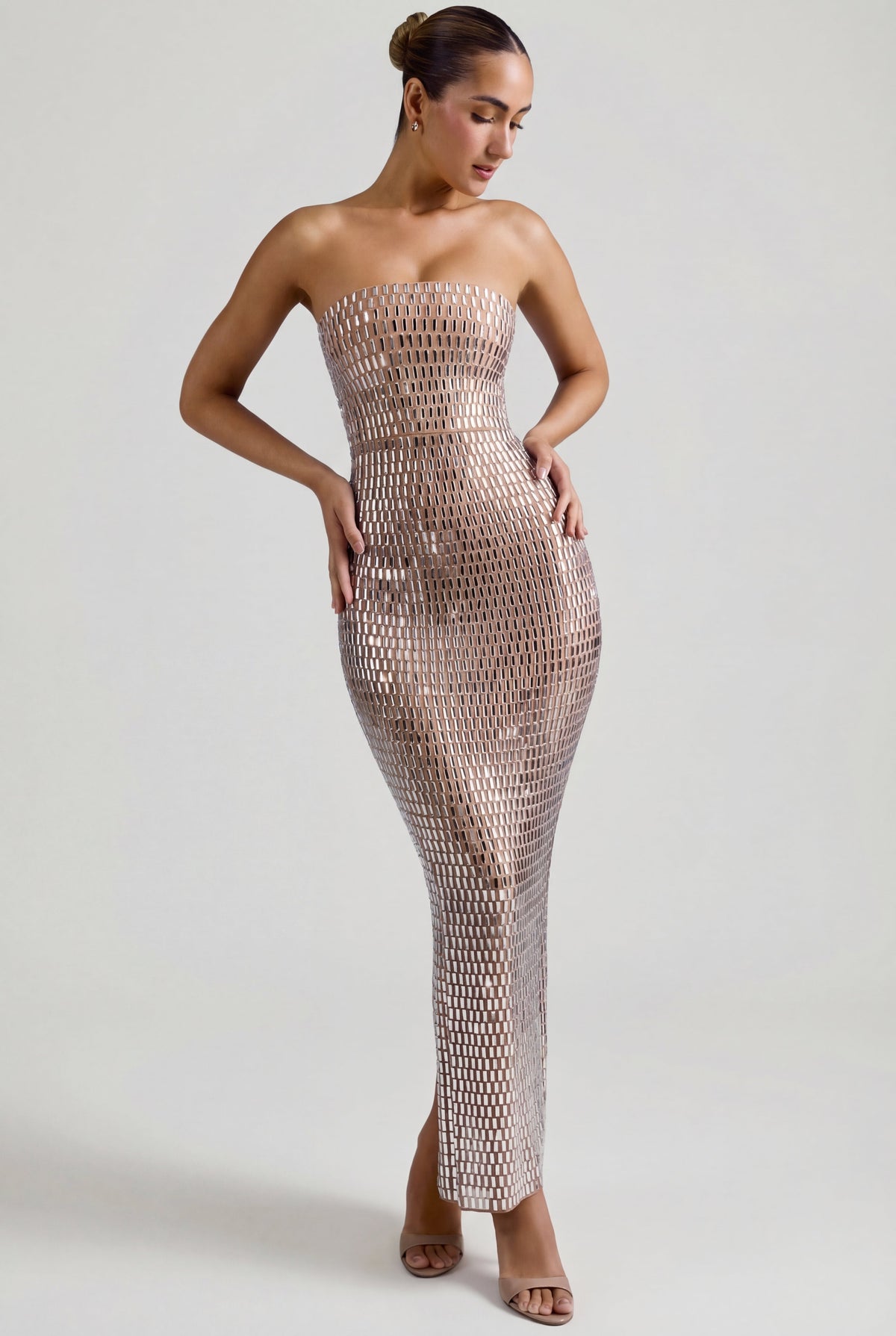 Chic Embellished Bandeau Maxi Dress in Almond