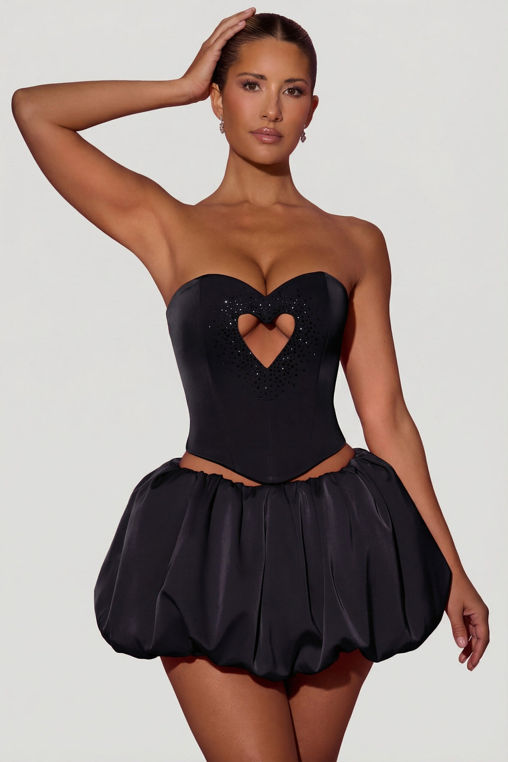 Chic Embellished Heart Cut-Out Strapless Corset Top in Black