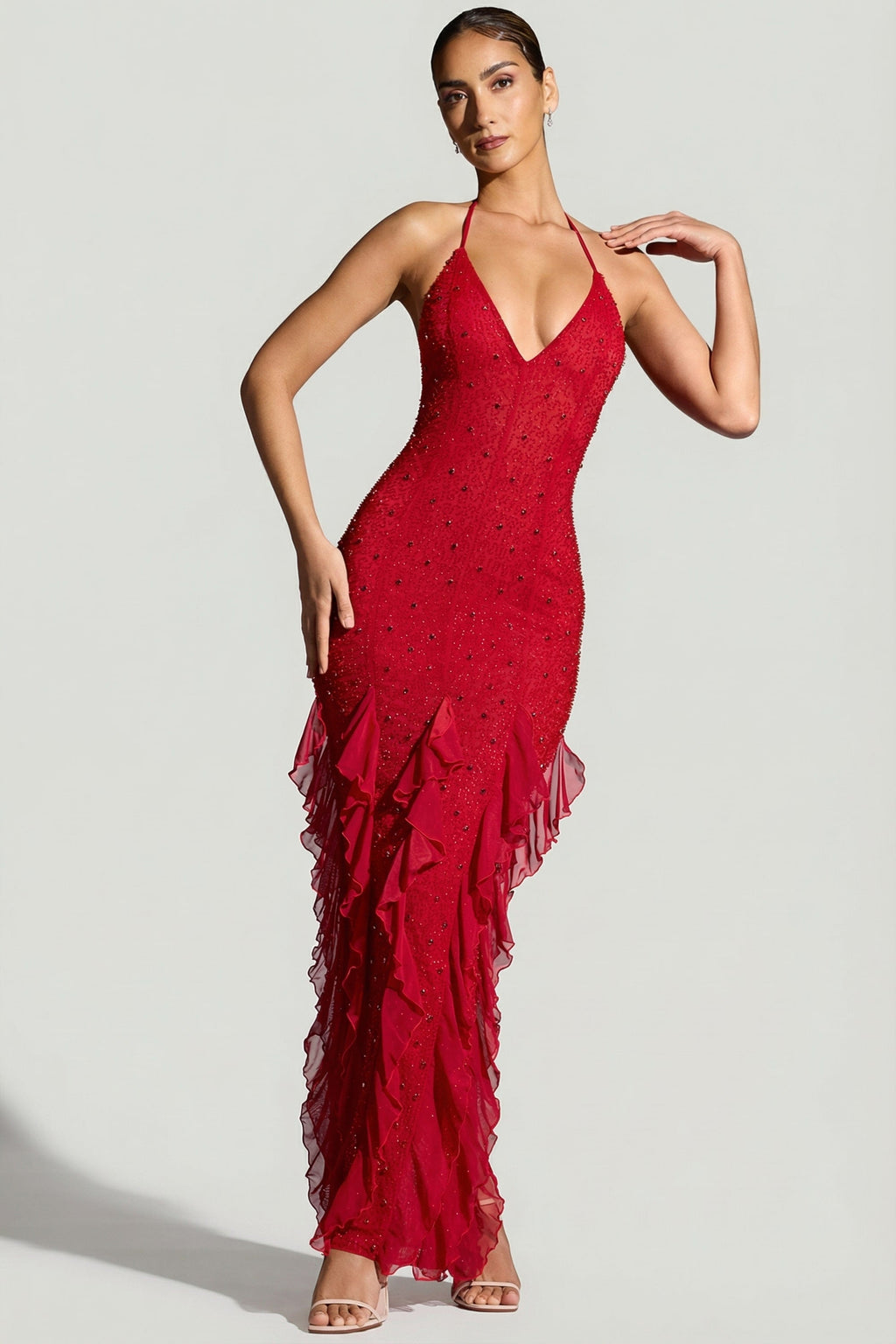 Chic Embellished Halter Neck Ruffle Maxi Dress in Red