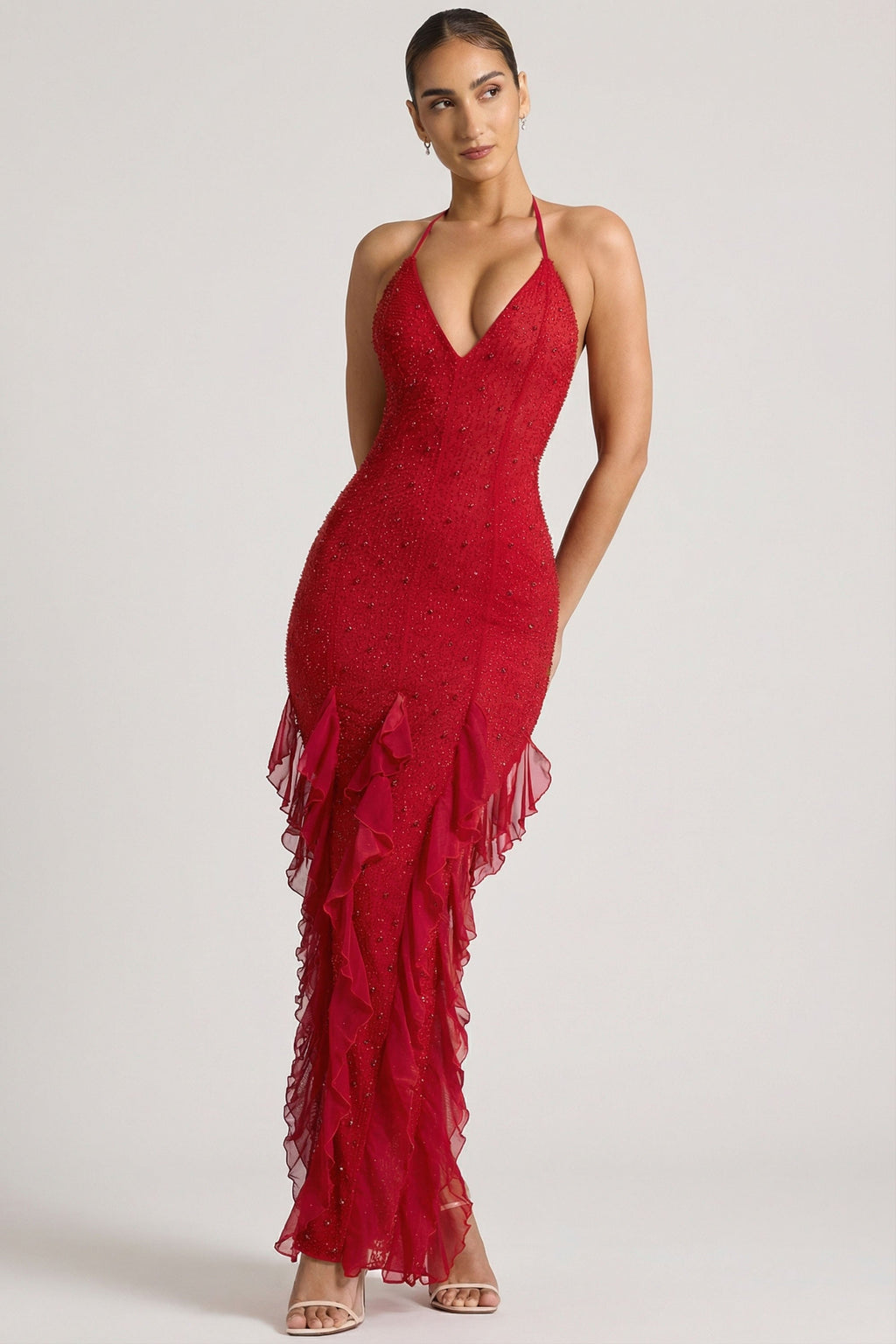 Chic Embellished Halter Neck Ruffle Maxi Dress in Red