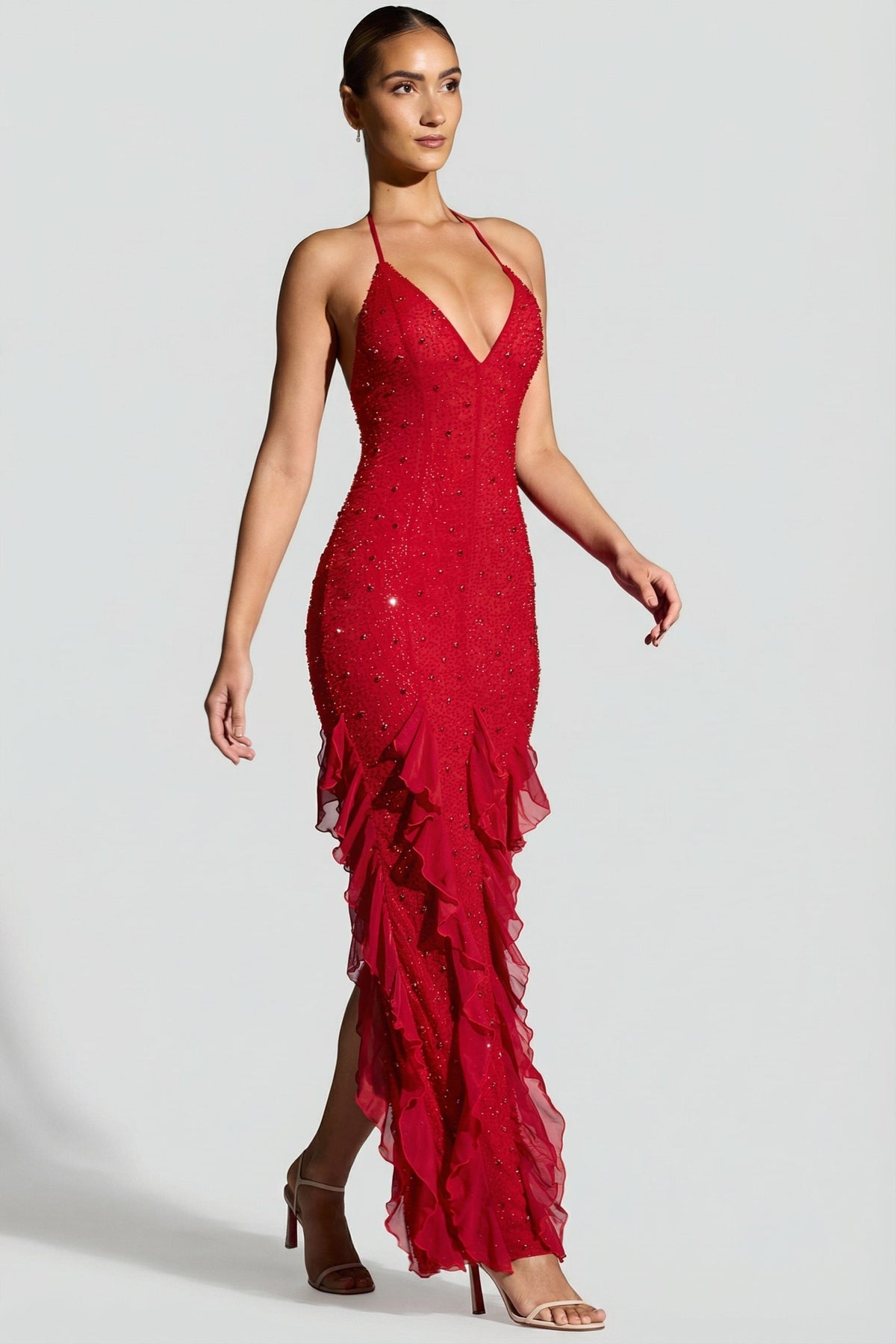 Chic Embellished Halter Neck Ruffle Maxi Dress in Red