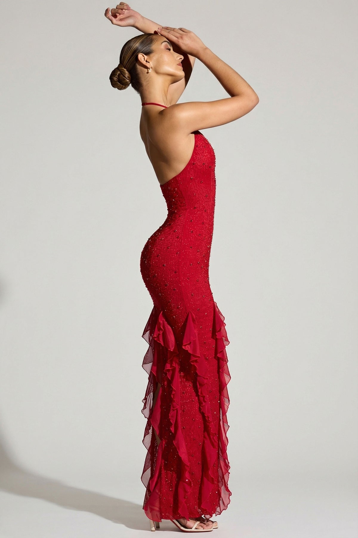 Chic Embellished Halter Neck Ruffle Maxi Dress in Red