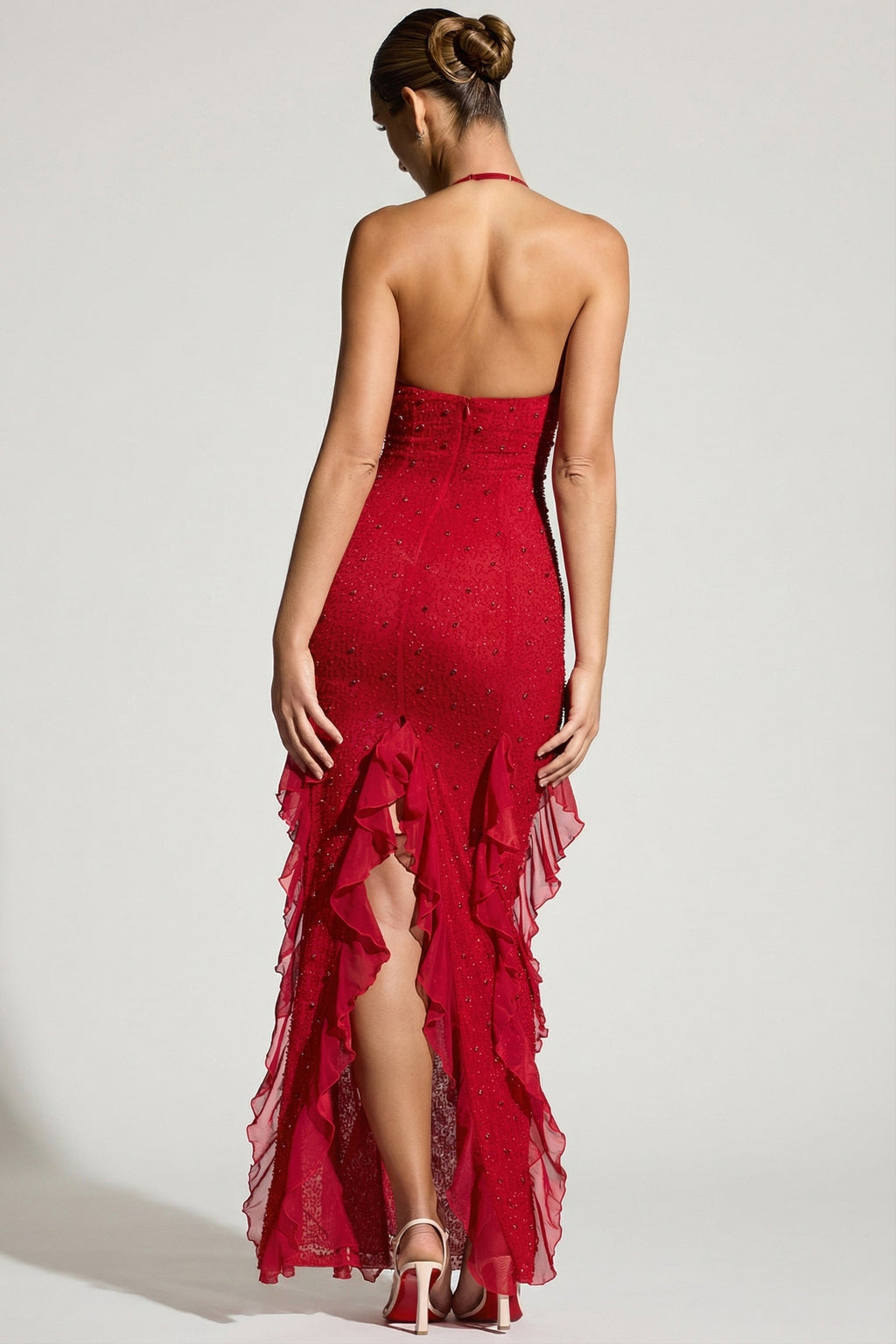 Chic Embellished Halter Neck Ruffle Maxi Dress in Red