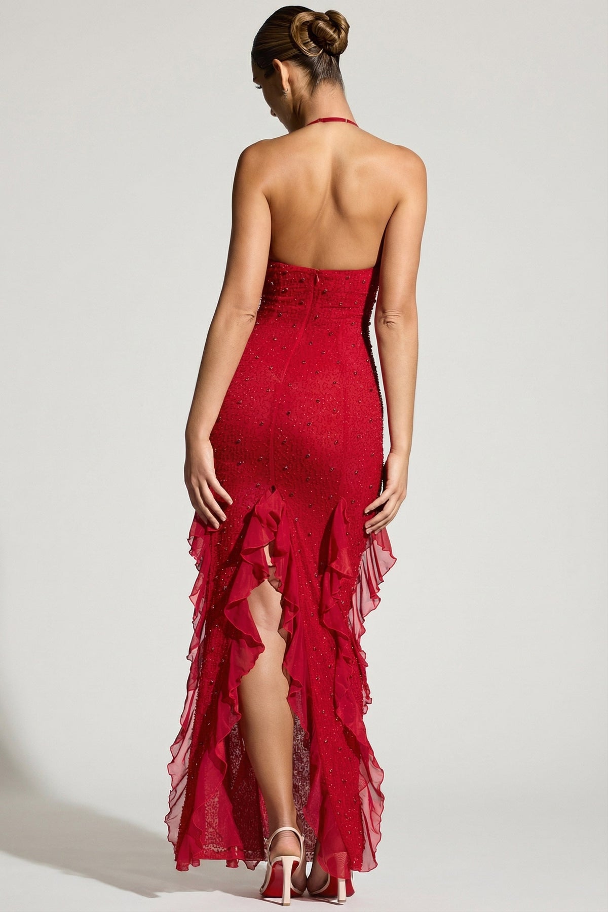 Chic Embellished Halter Neck Ruffle Maxi Dress in Red