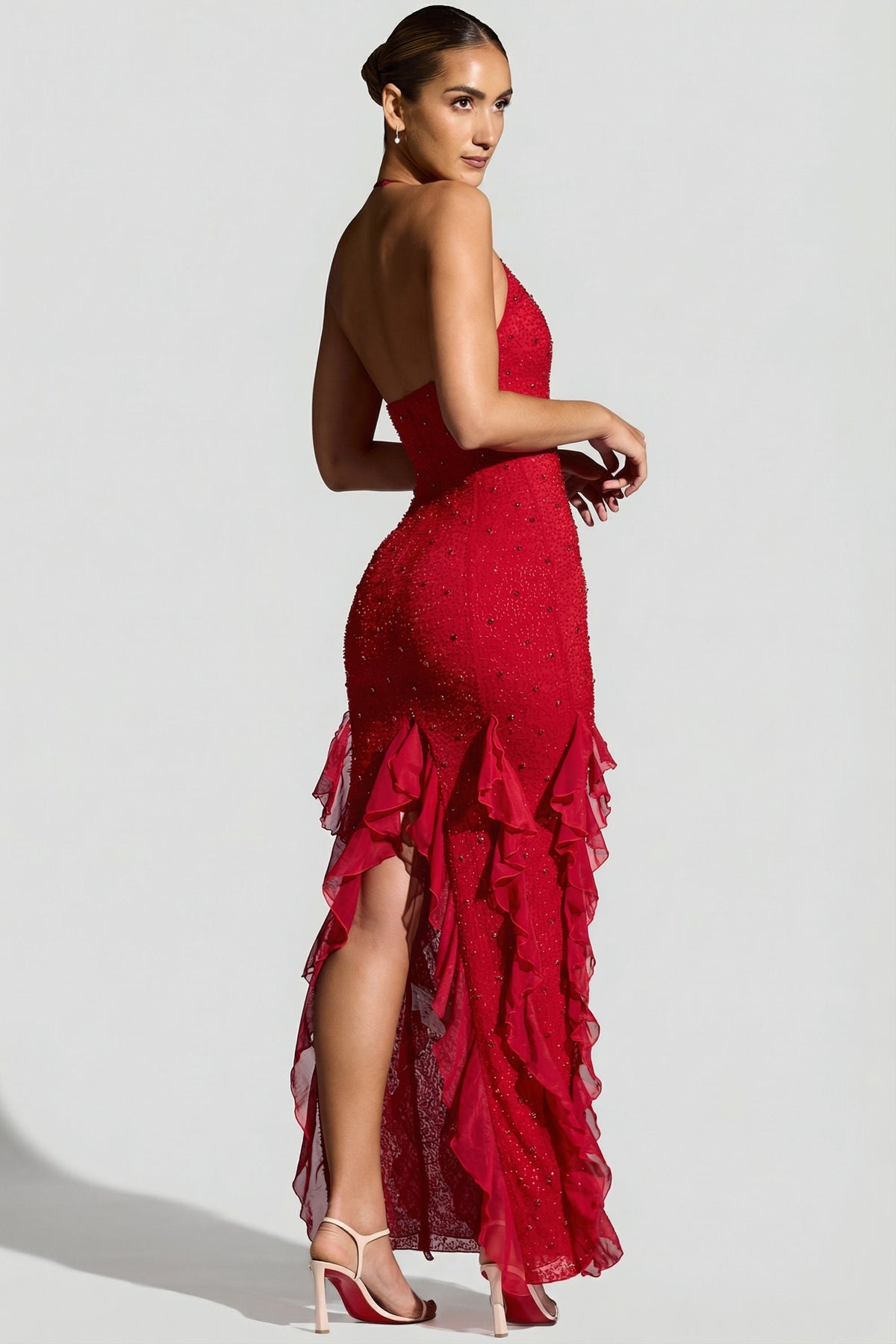 Chic Embellished Halter Neck Ruffle Maxi Dress in Red