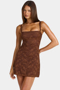 Chic Lace Mini Dress in Cocoa Brown