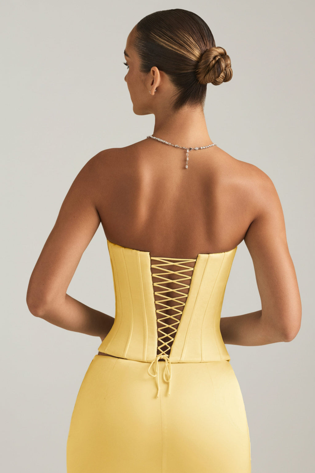 Chic Satin Lace-Up Corset Top in Pastel Yellow