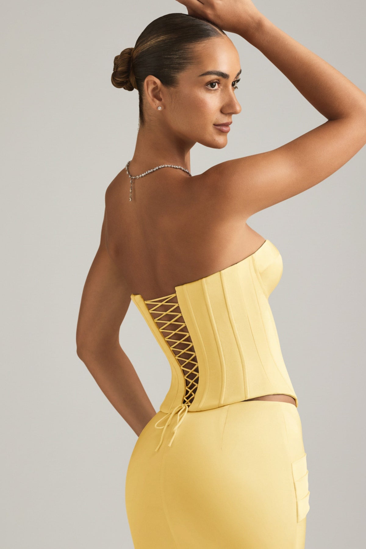 Chic Satin Lace-Up Corset Top in Pastel Yellow