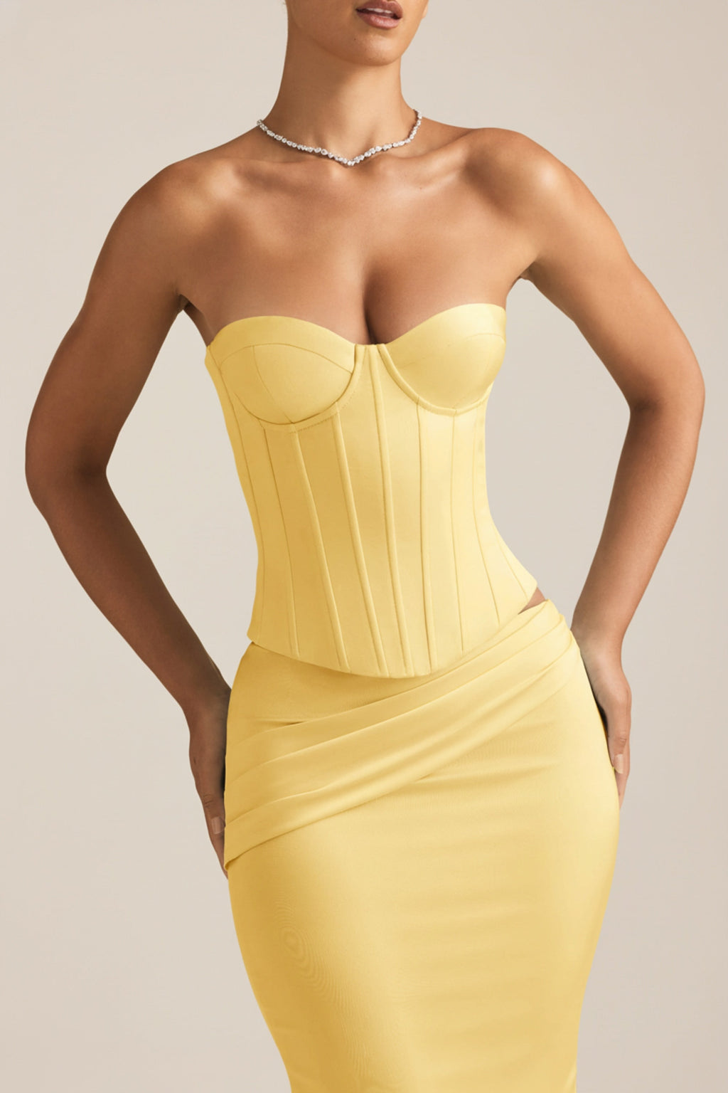 Chic Satin Lace-Up Corset Top in Pastel Yellow