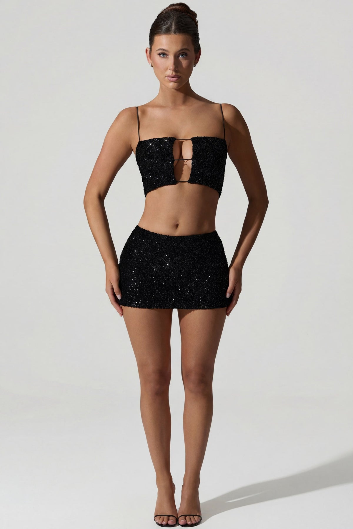 Chic Embellished Cut-Out Crop Top in Black