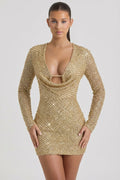 Chic Embellished Cowl-Neck Mini Dress in Gold