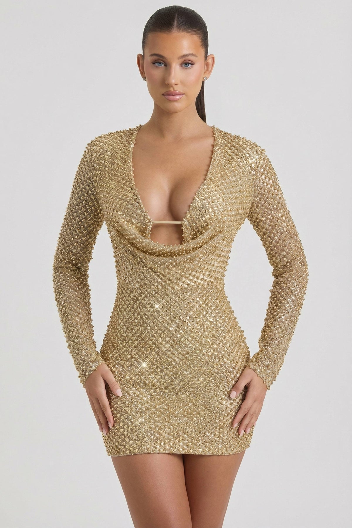Chic Embellished Cowl-Neck Mini Dress in Gold