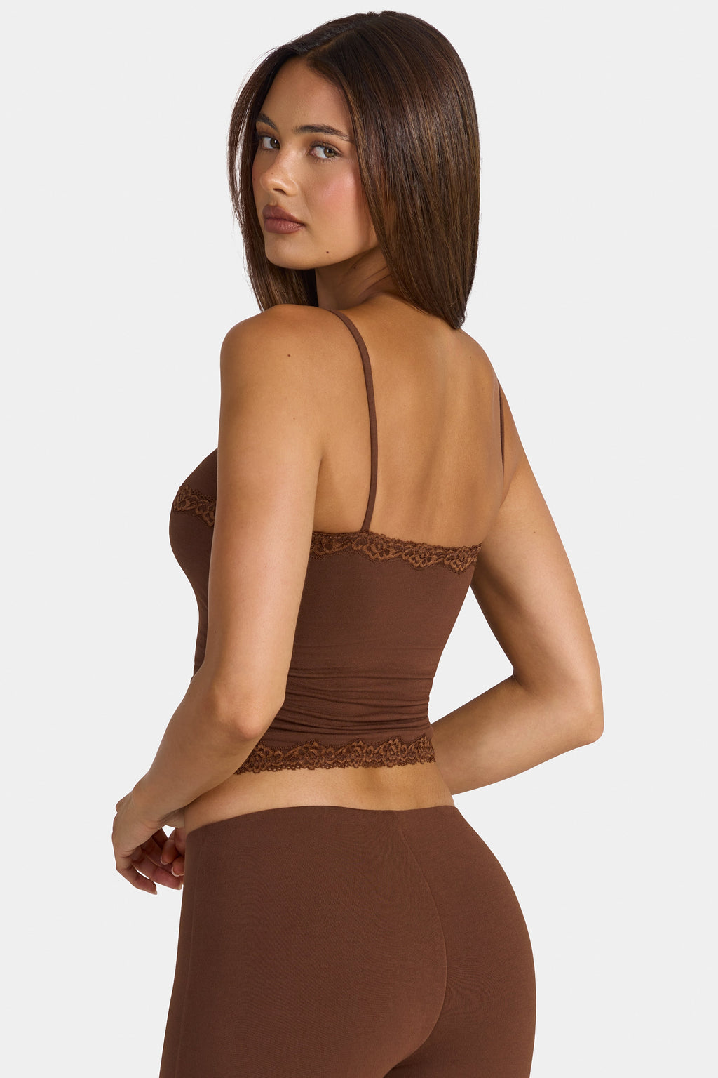 Chic Modal Lace-Trim Peekaboo Tank Top in Cocoa Brown