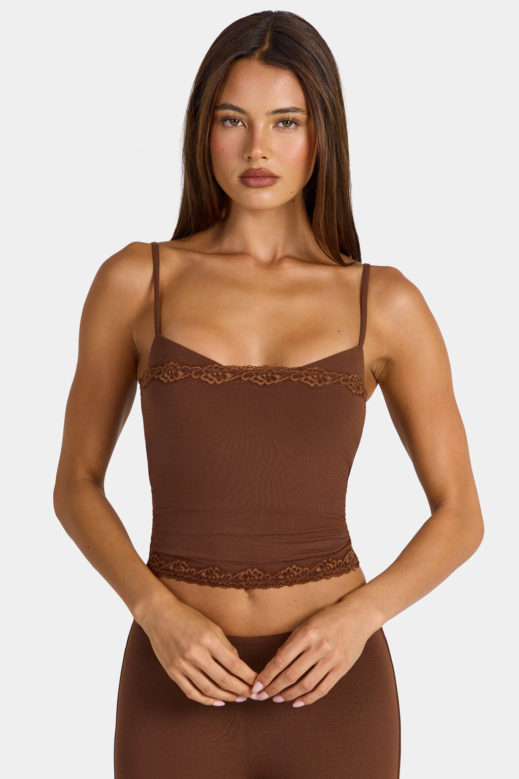 Chic Modal Lace-Trim Peekaboo Tank Top in Cocoa Brown