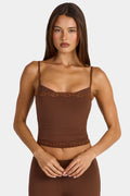 Chic Modal Lace-Trim Peekaboo Tank Top in Cocoa Brown