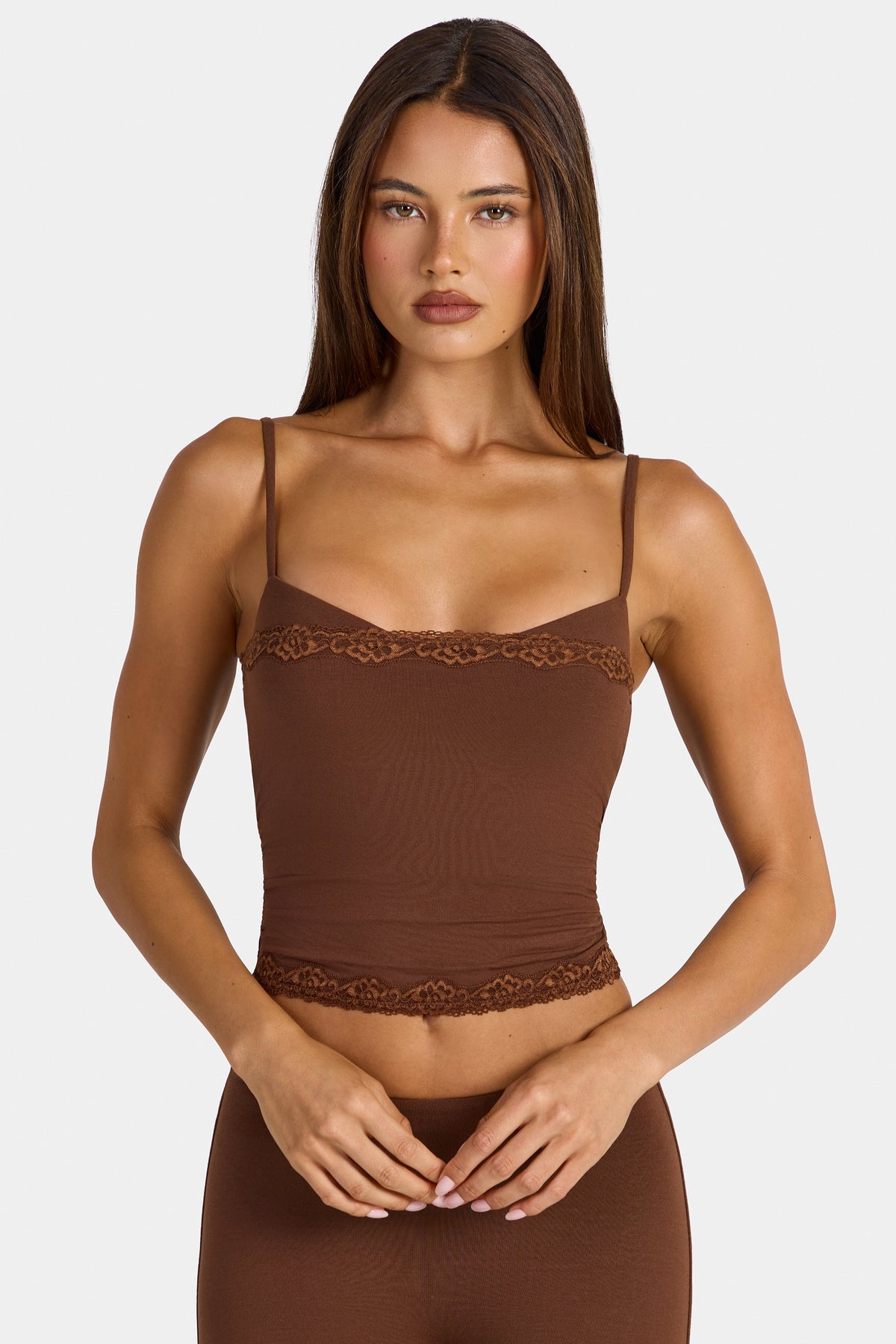 Chic Modal Lace-Trim Peekaboo Tank Top in Cocoa Brown