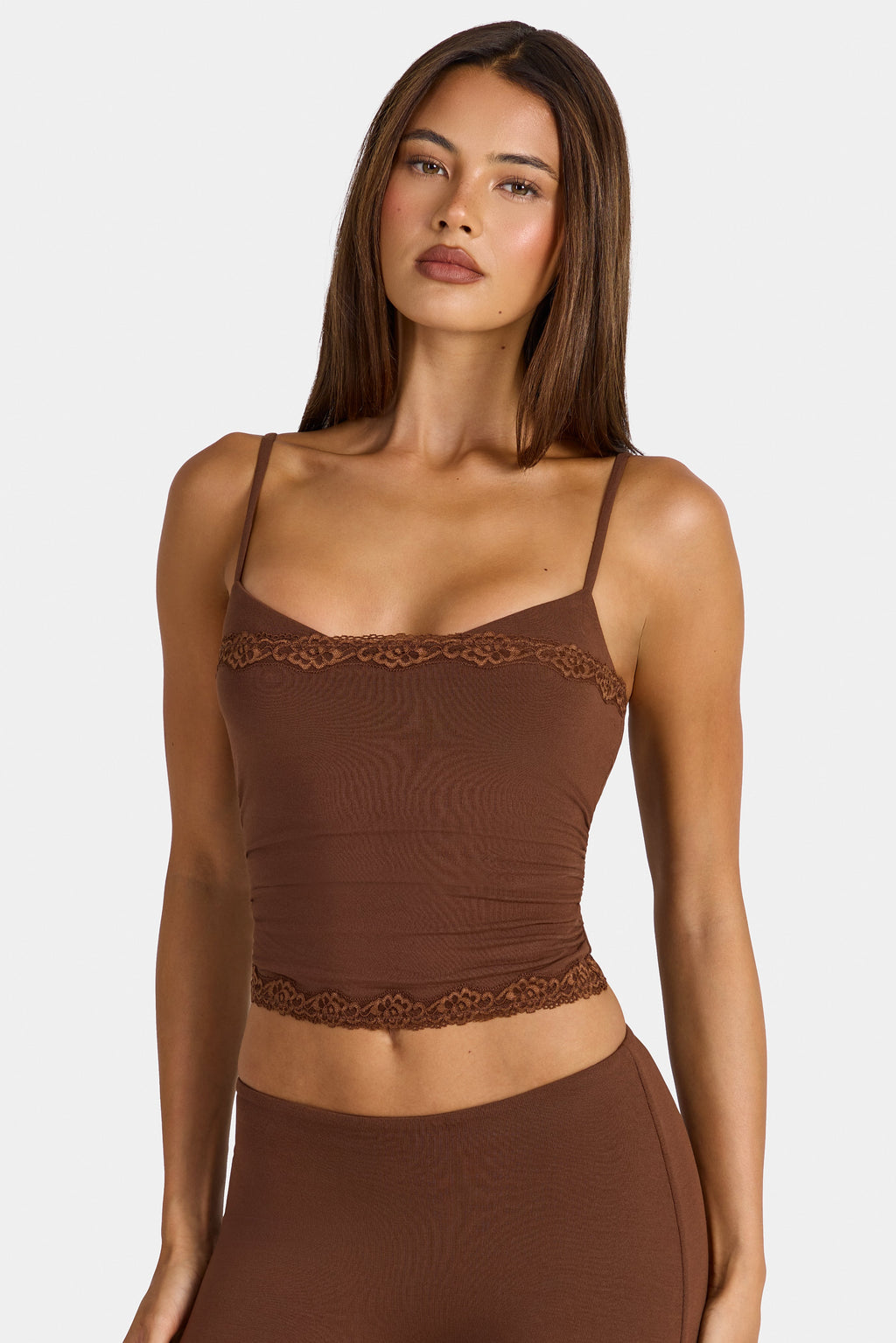 Chic Modal Lace-Trim Peekaboo Tank Top in Cocoa Brown