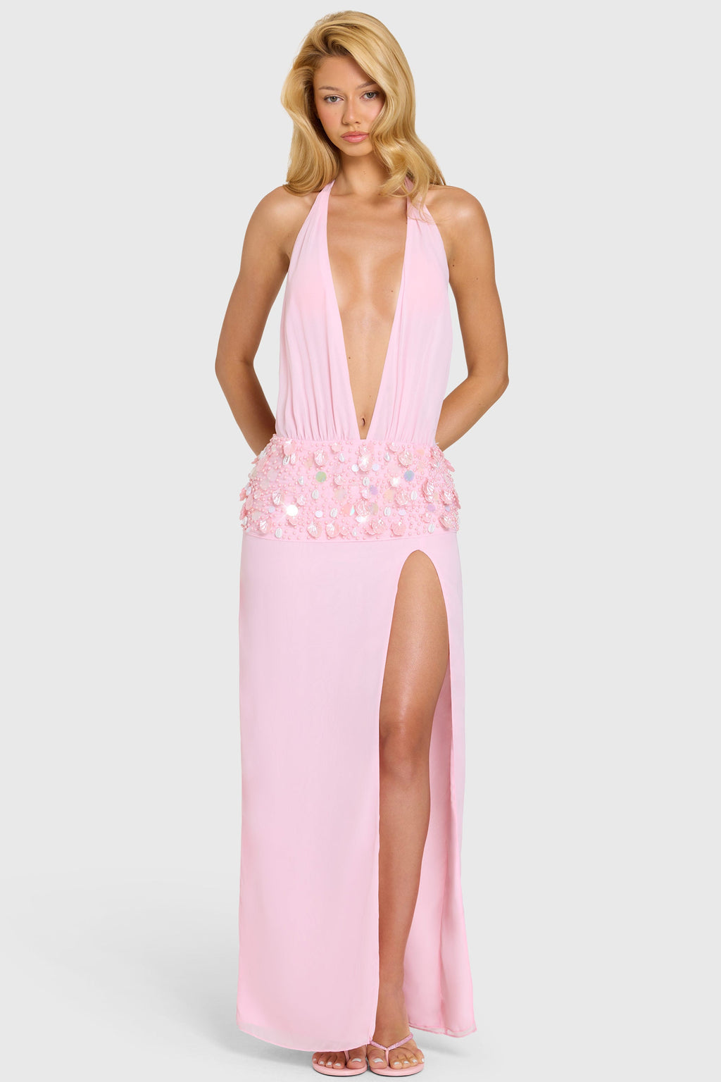 Chic Embellished Waist Maxi Dress in Bubblegum Pink
