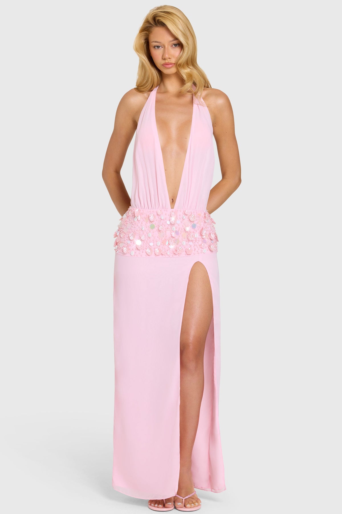 Chic Embellished Waist Maxi Dress in Bubblegum Pink