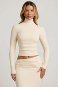 Chic Modal Ruched Backless Turtleneck Top in Ivory