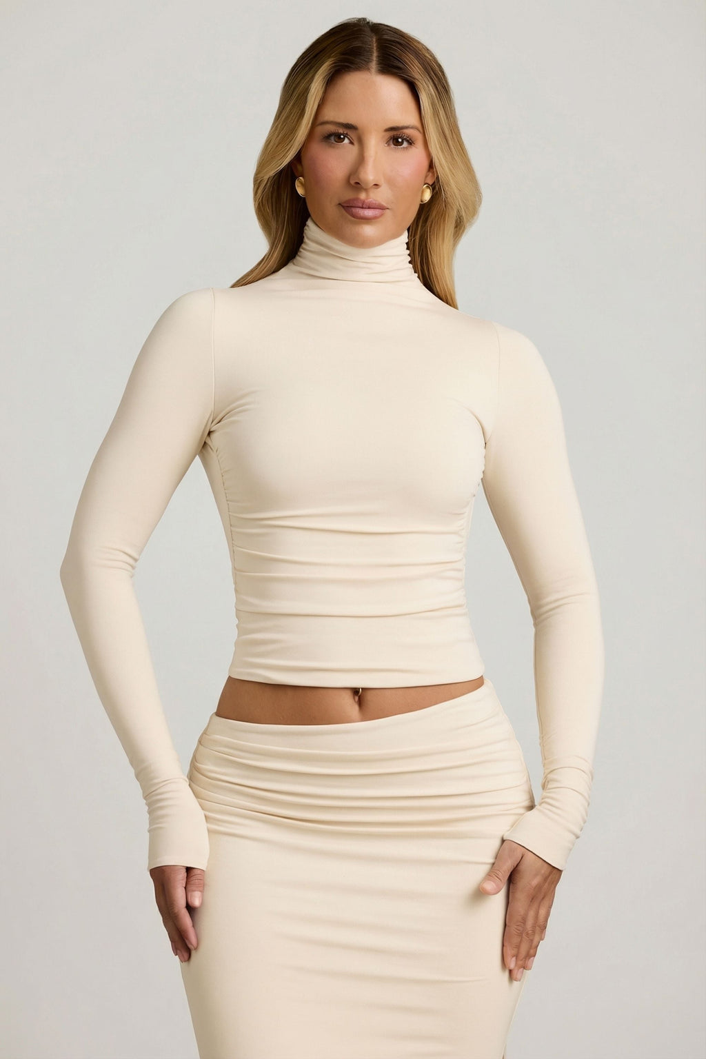 Chic Modal Ruched Backless Turtleneck Top in Ivory
