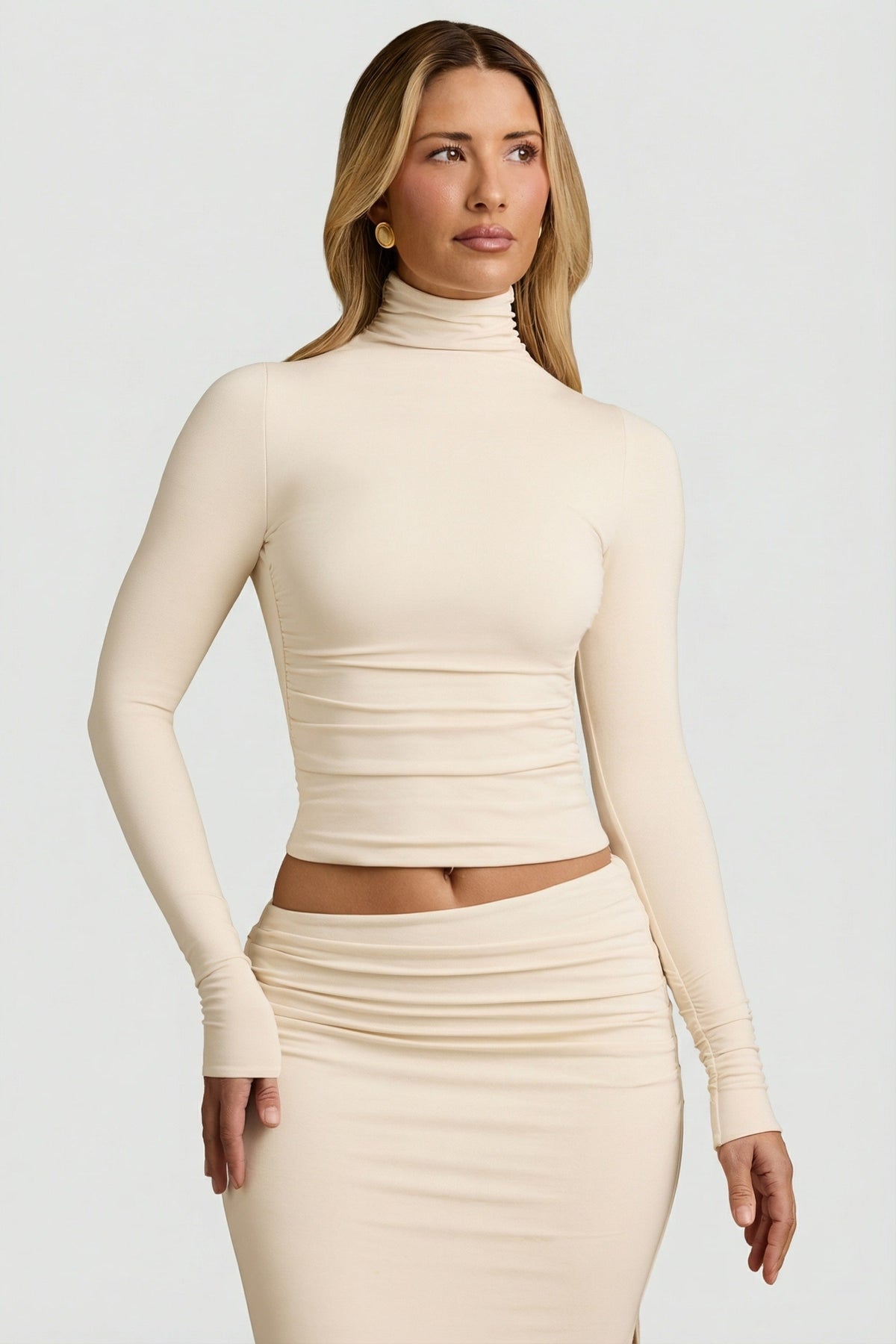 Chic Modal Ruched Backless Turtleneck Top in Ivory