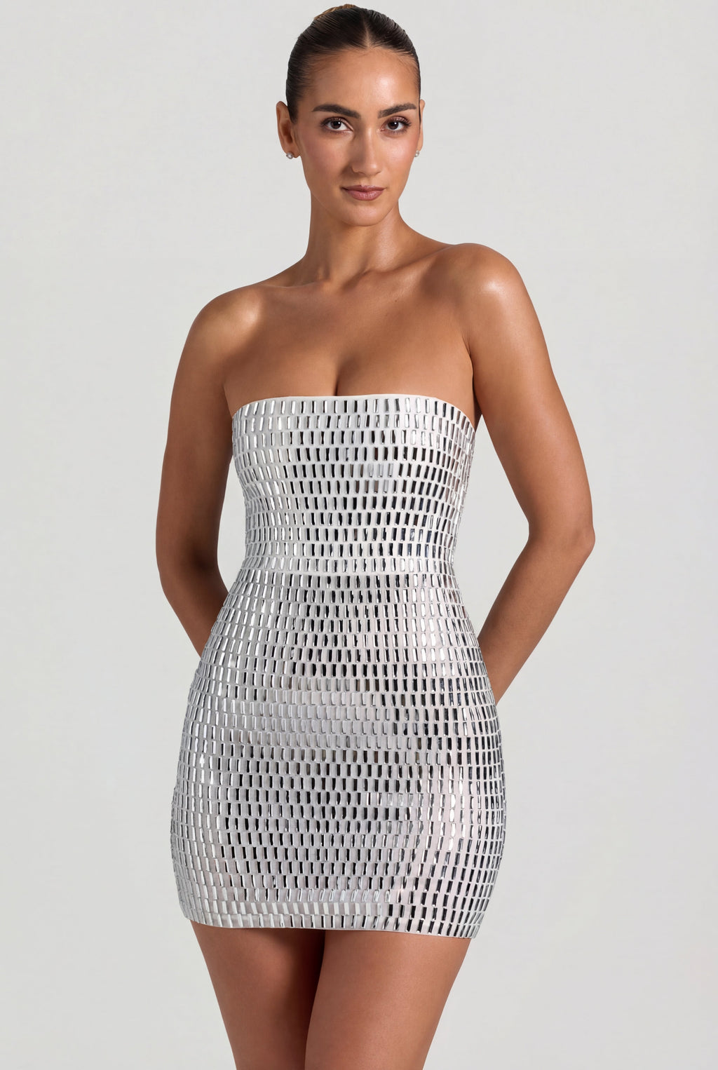 Chic Embellished Bandeau Mini Dress in Diamond