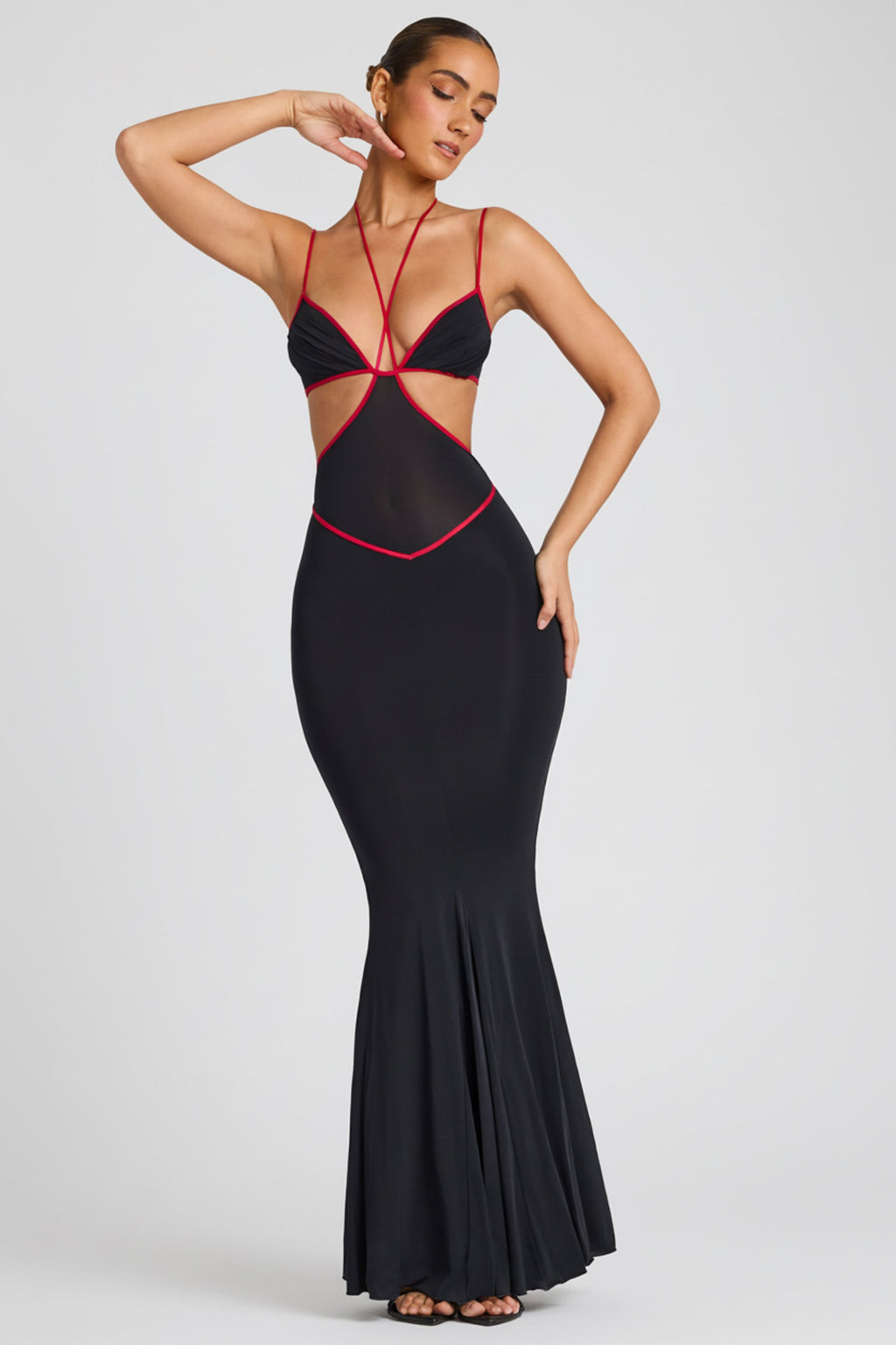 Chic Contrast Binding Cut Out Evening Gown in Black