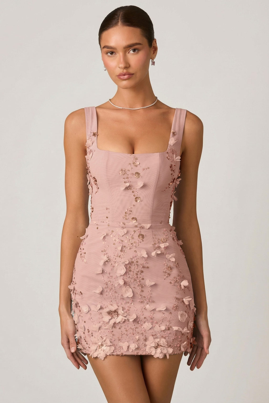 Chic Embellished Appliqué Corset Mini Dress in Dusty Rose