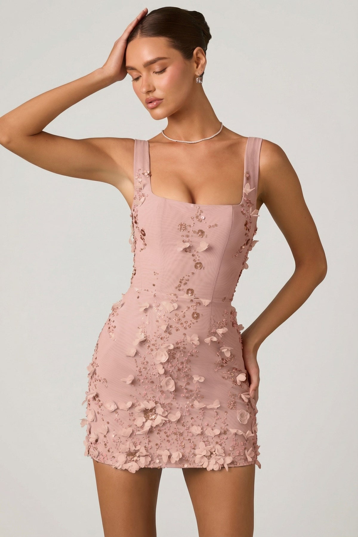 Chic Embellished Appliqué Corset Mini Dress in Dusty Rose