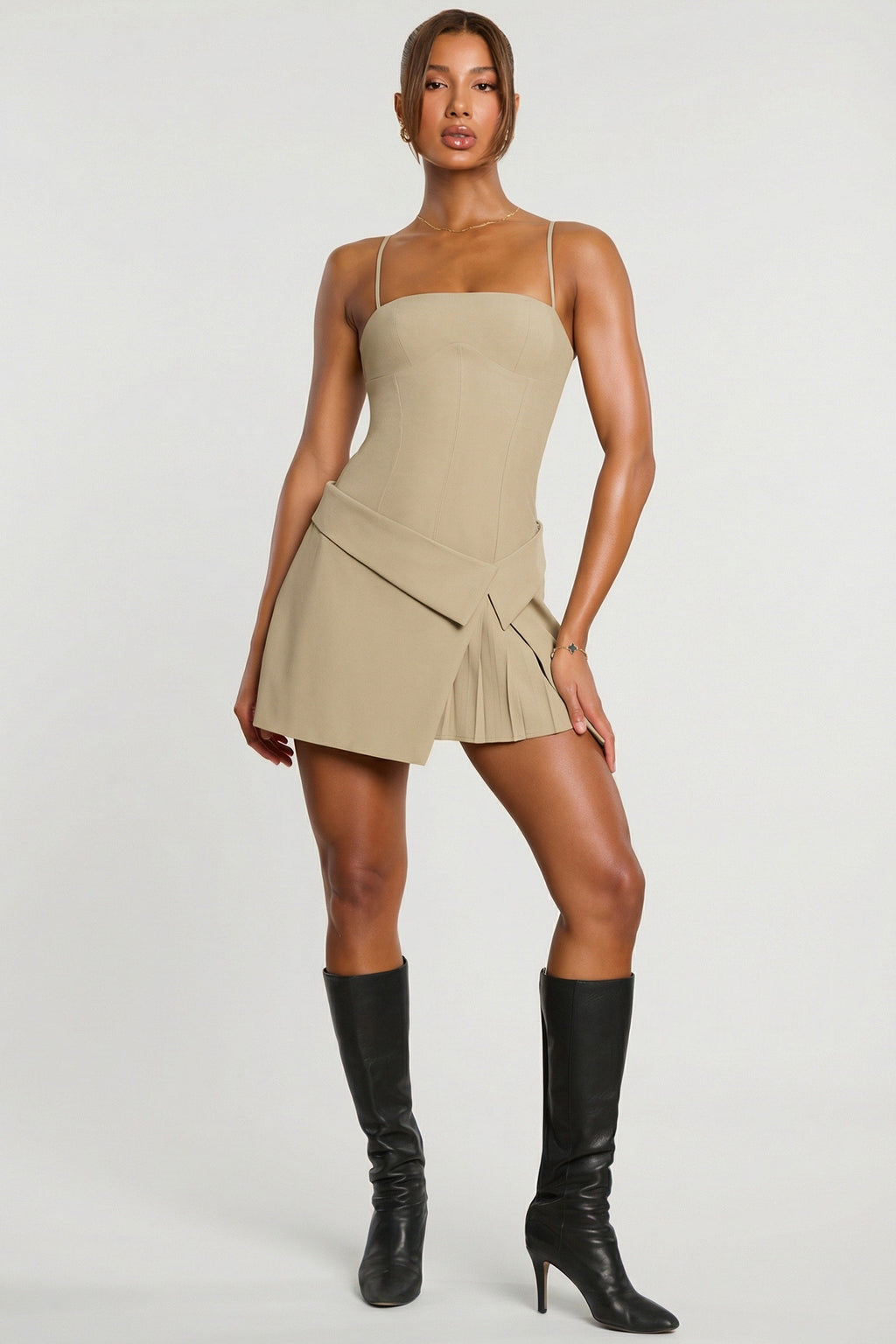 Chic Woven Twill Wrap Over Pleated Mini Dress in Taupe