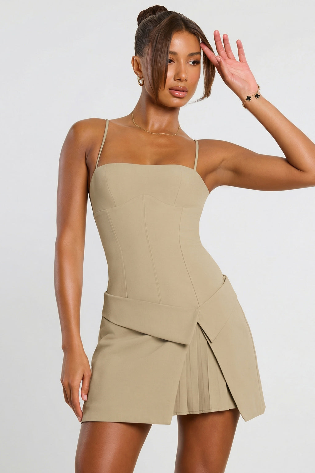 Chic Woven Twill Wrap Over Pleated Mini Dress in Taupe