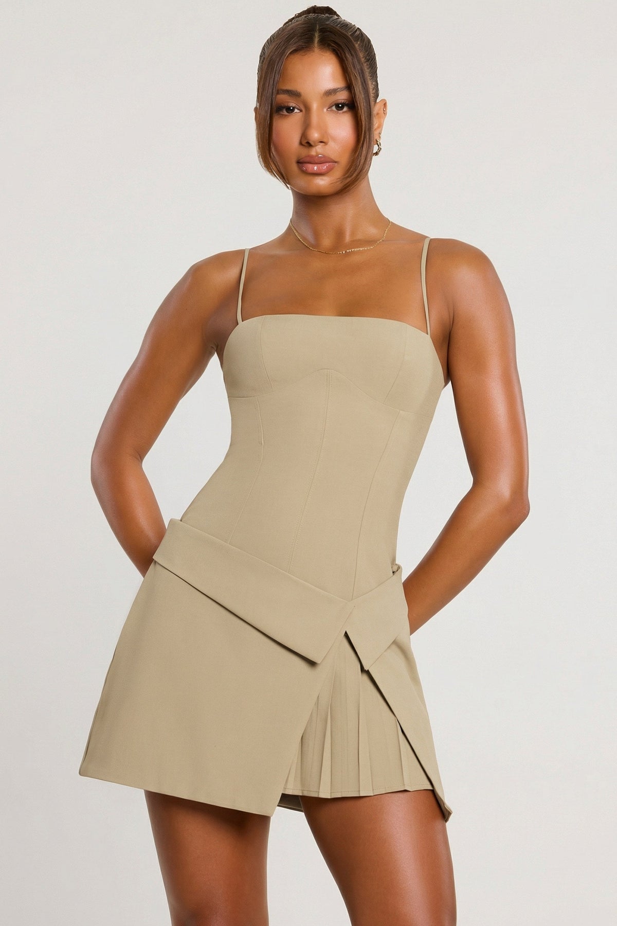Chic Woven Twill Wrap Over Pleated Mini Dress in Taupe