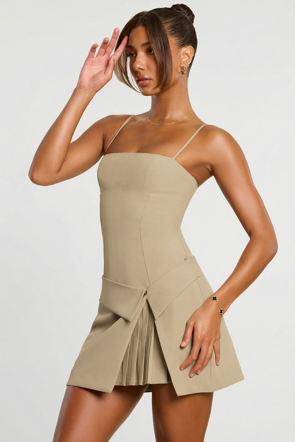 Chic Woven Twill Wrap Over Pleated Mini Dress in Taupe