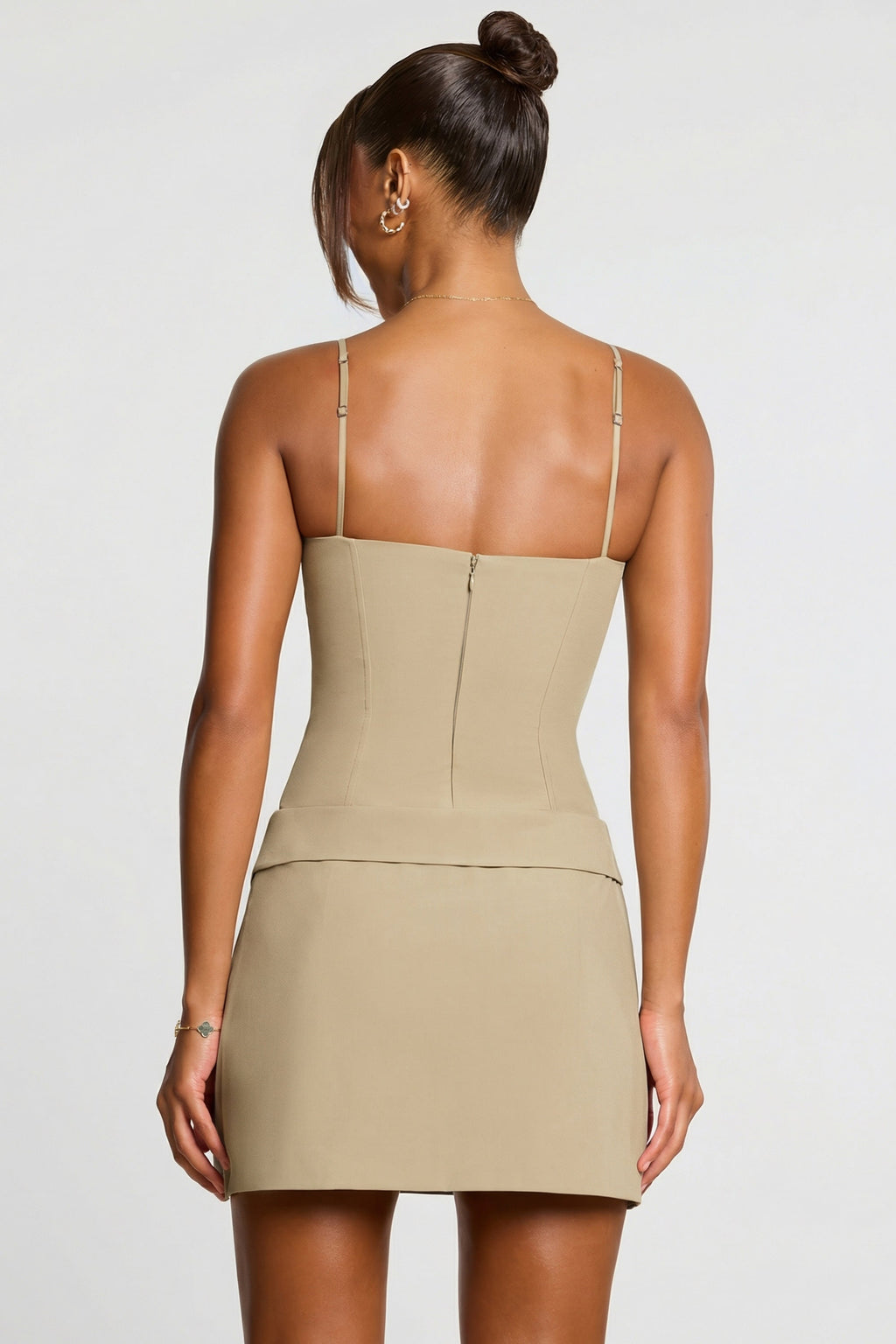 Chic Woven Twill Wrap Over Pleated Mini Dress in Taupe