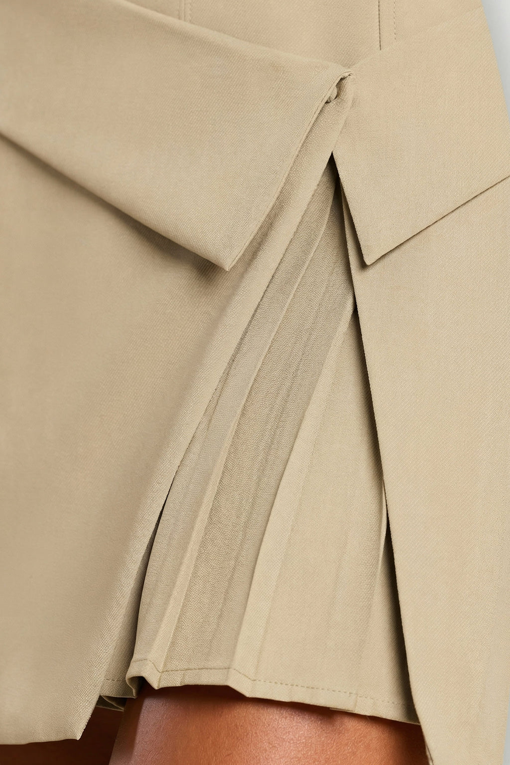 Chic Woven Twill Wrap Over Pleated Mini Dress in Taupe