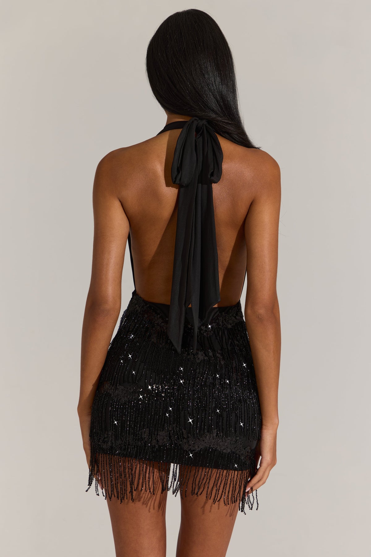 Chic Fringed Skirt Halterneck Mini Dress in Black