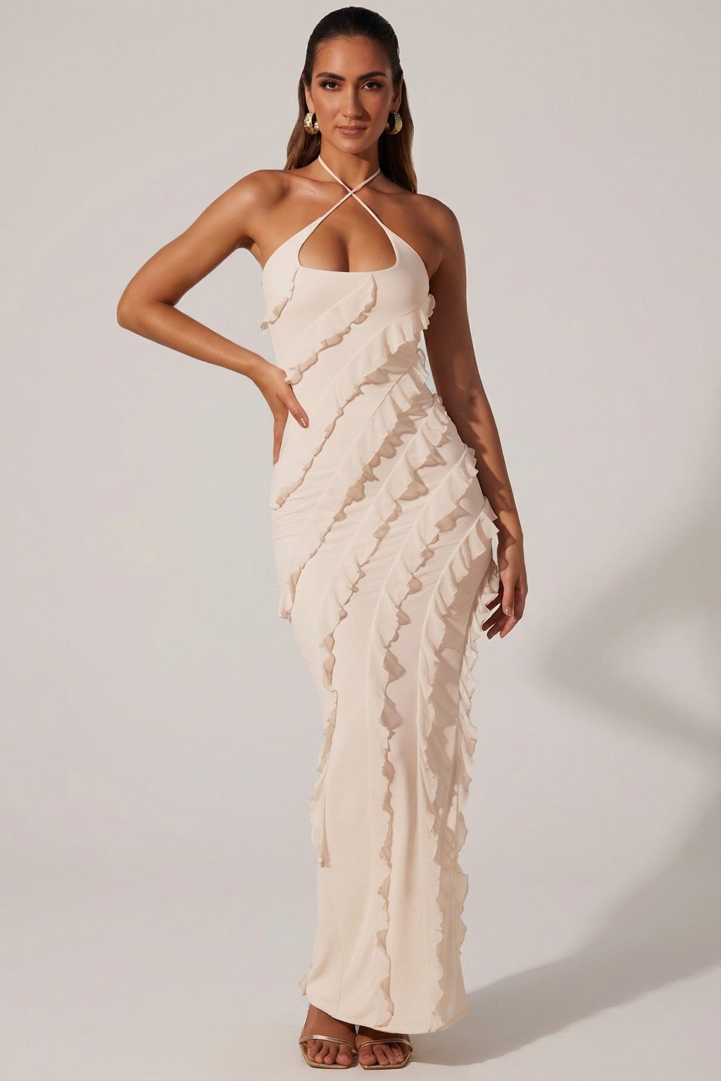 Chic Cross Strap Ruffle Floor Length Dress in Ivory