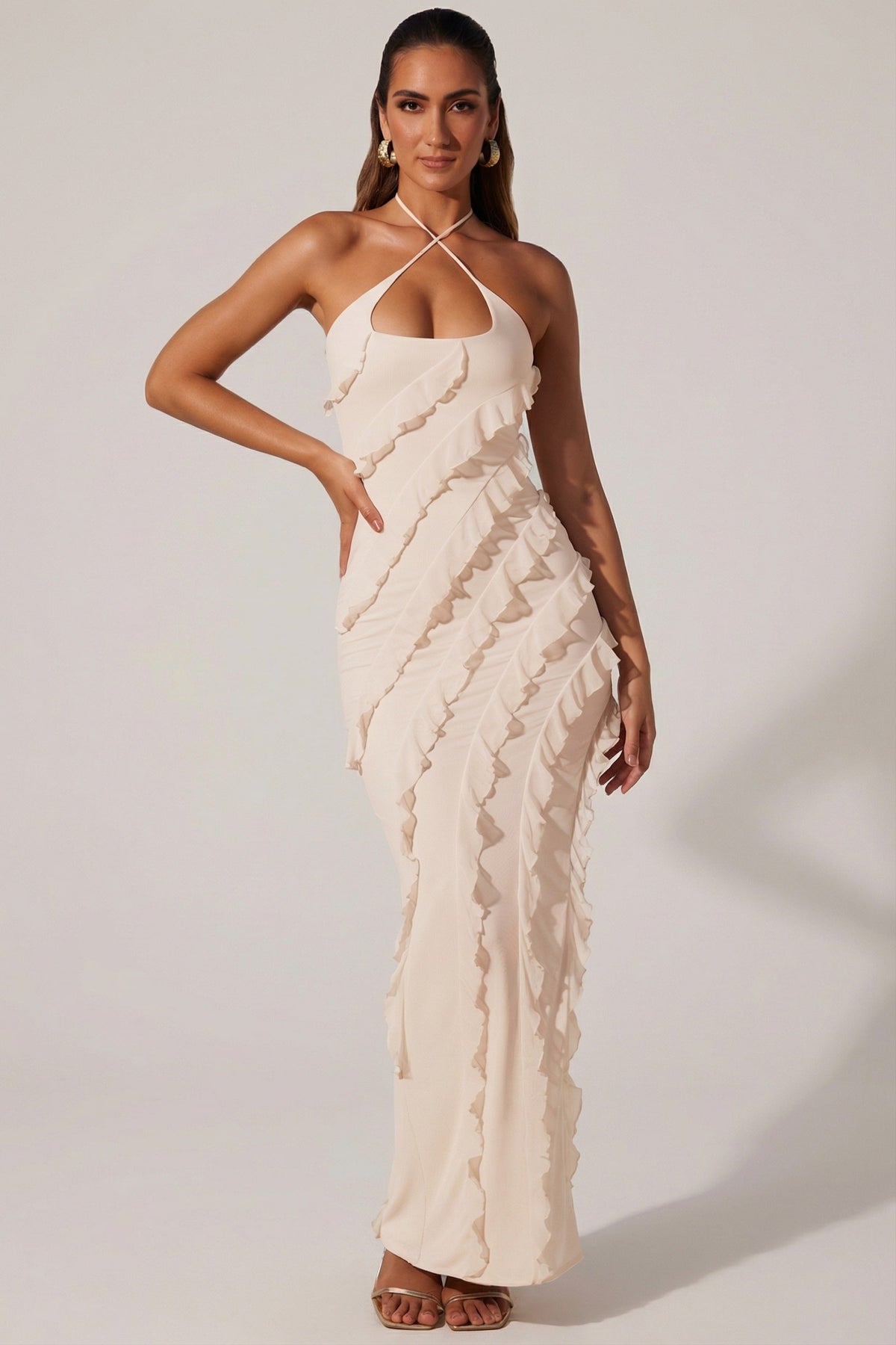 Chic Cross Strap Ruffle Floor Length Dress in Ivory