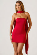 Chic Scarf-Detail Strapless A-Line Mini Dress in Scarlet Red