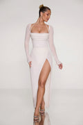 Chic Embellished Cowl Neck Maxi Dress in Pearl
