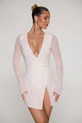 Chic Embellished Wrap Over A-Line Mini Dress in Ivory