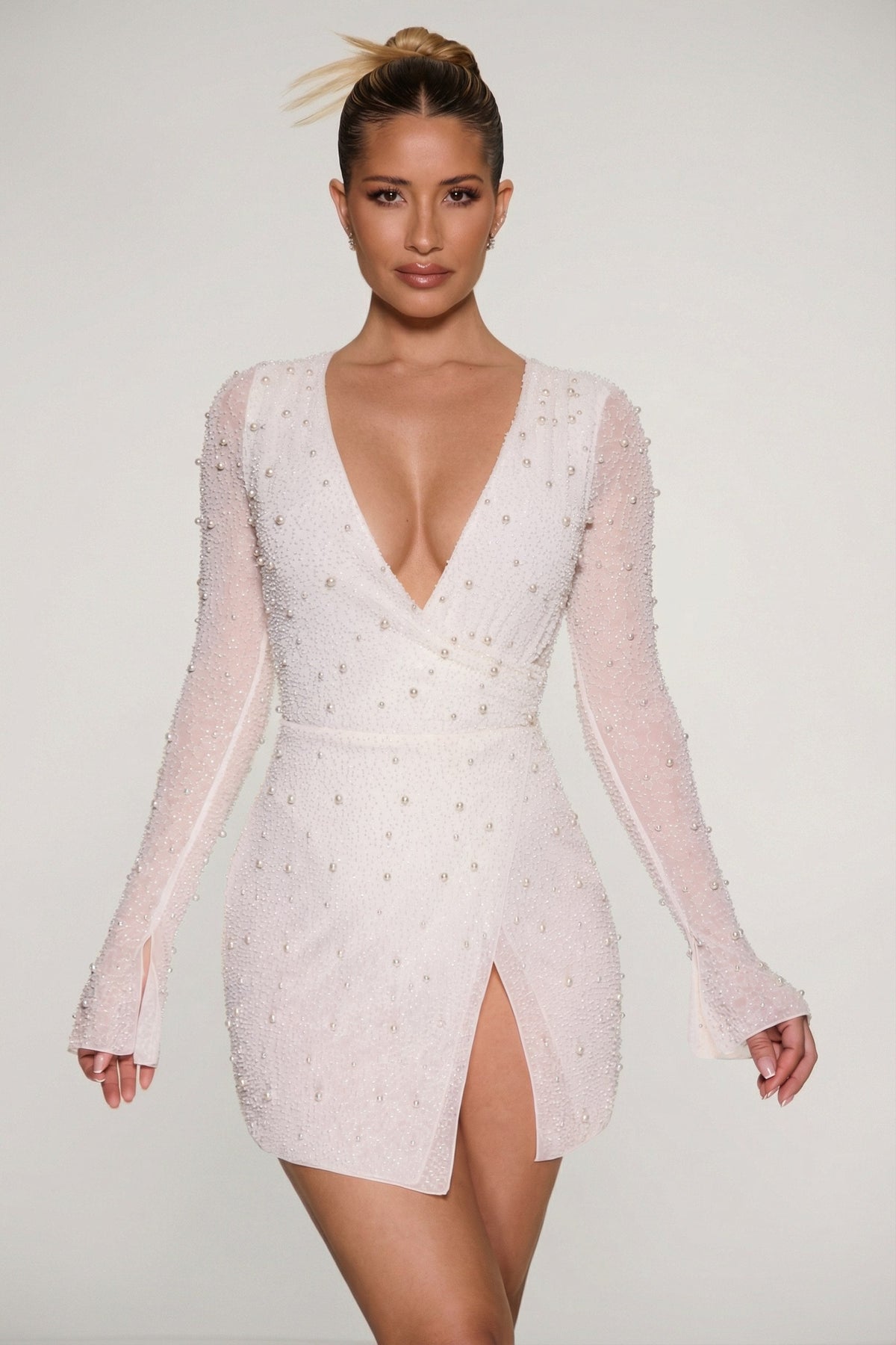 Chic Embellished Wrap Over A-Line Mini Dress in Ivory