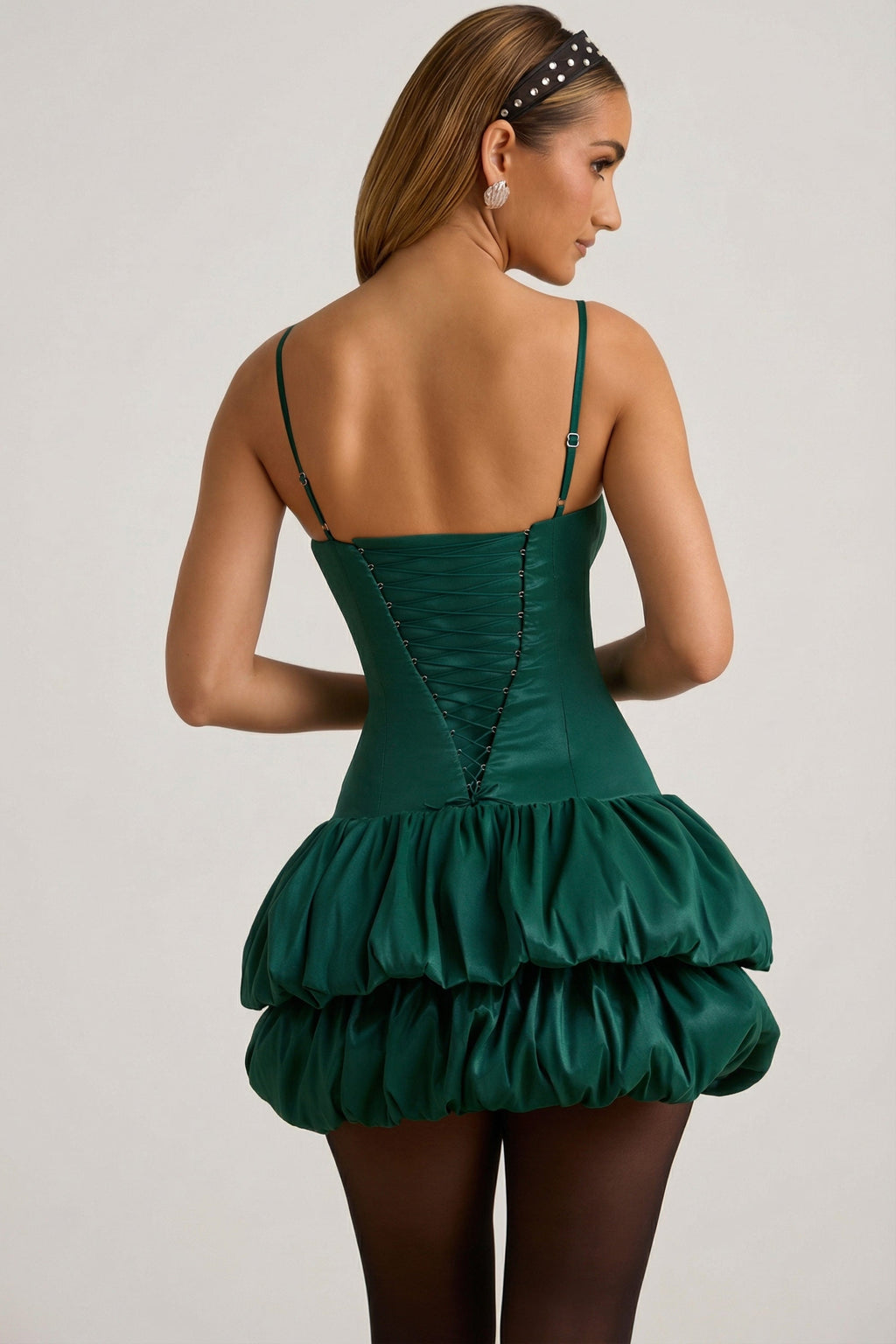 Chic Satin Bubble Hem Corset Mini Dress in Emerald Green