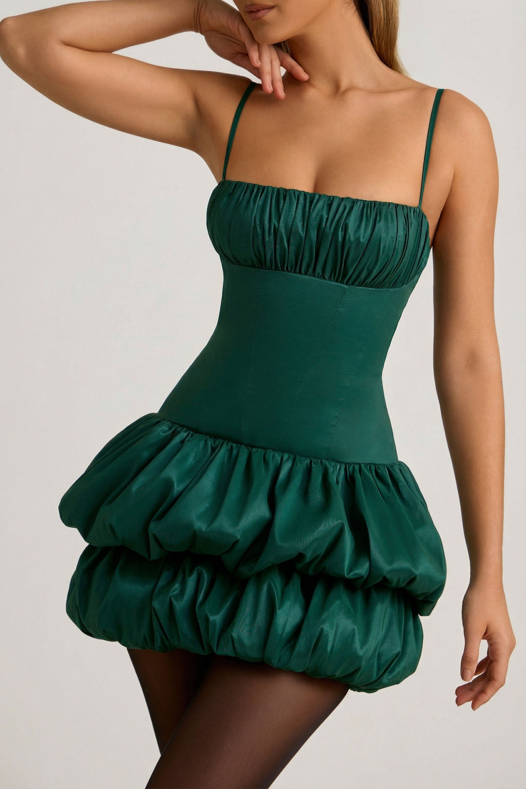 Chic Satin Bubble Hem Corset Mini Dress in Emerald Green