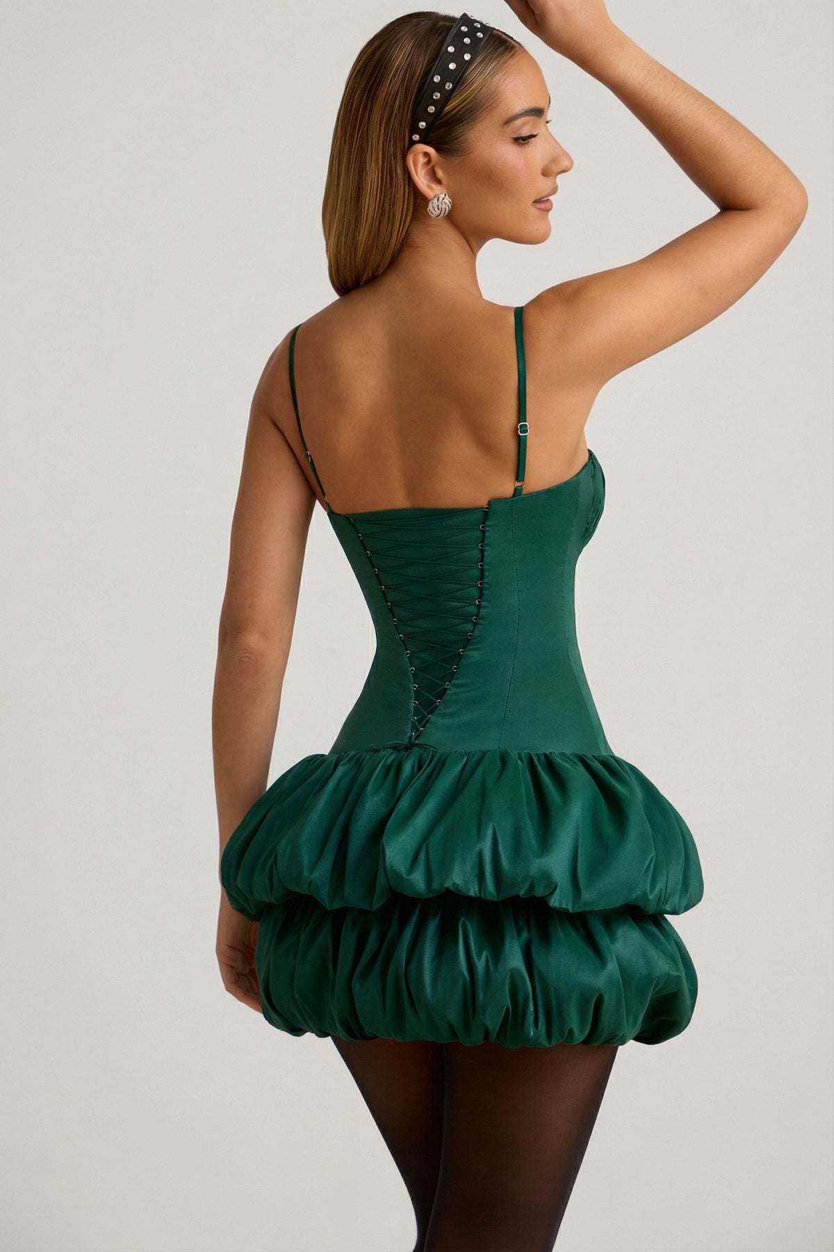 Chic Satin Bubble Hem Corset Mini Dress in Emerald Green