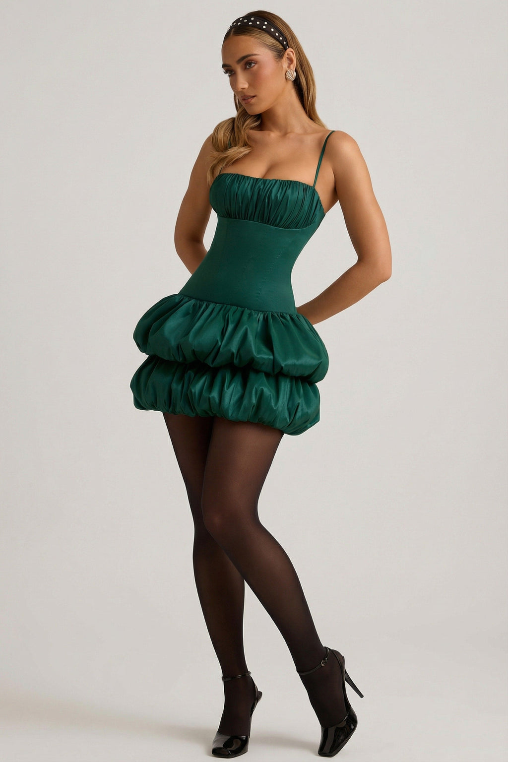 Chic Satin Bubble Hem Corset Mini Dress in Emerald Green